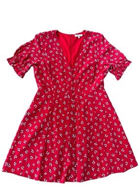 MADEWELL Red and White Floral Silk Button Front Ruffle Sleeve Silk Mini Dress